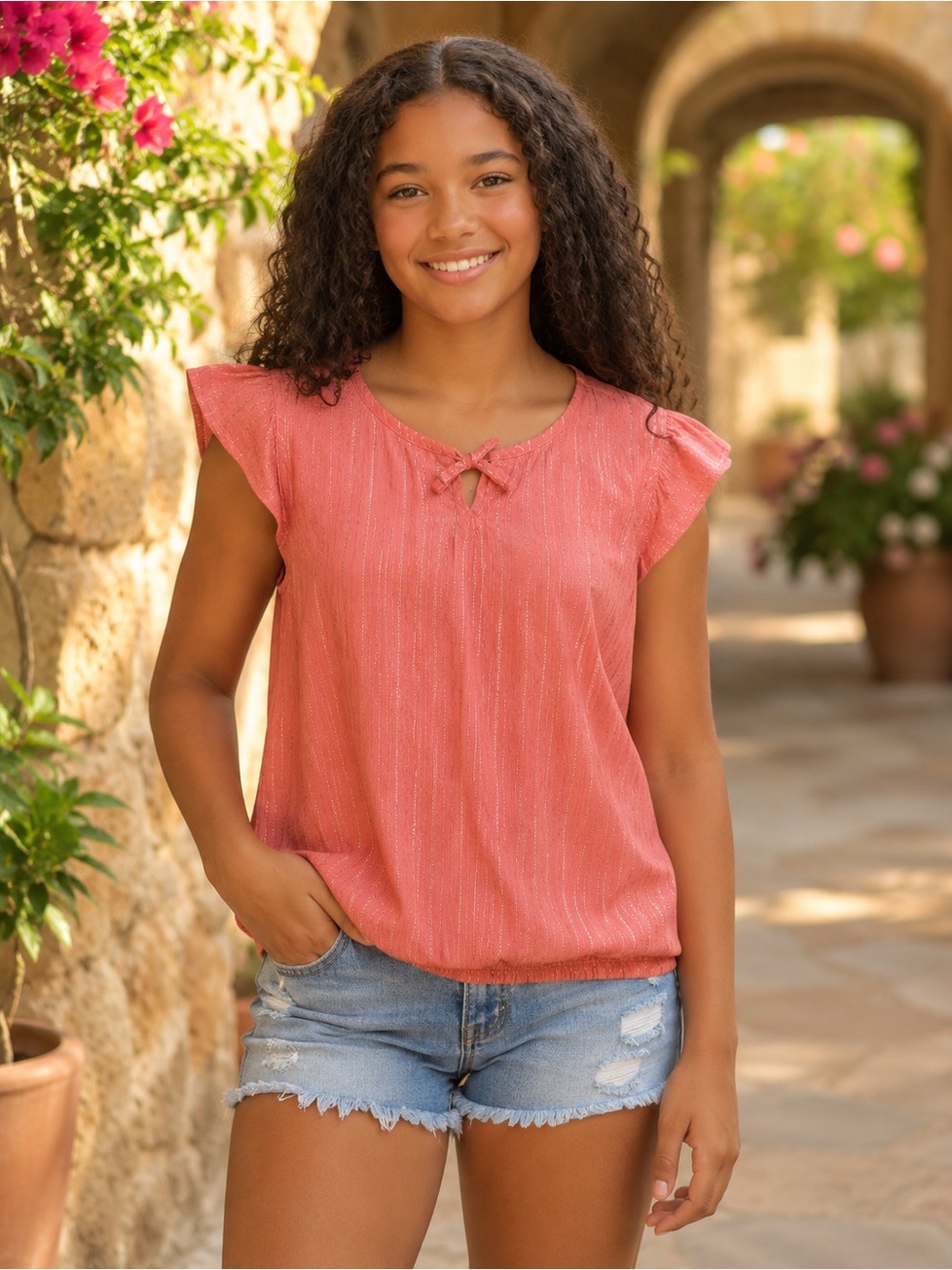 The Children’s Place Girls Coral Metallic Stripe Flutter Sleeve Blouse Top 16